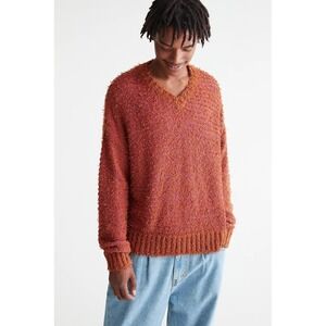BDG Men's Shaggy V Neck Sweater Orange Pink Textured Knit Pullover Size S